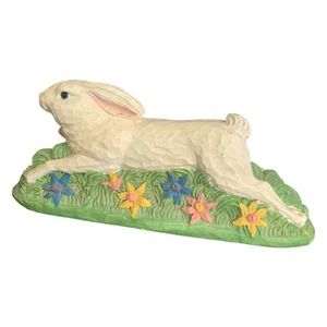 Running Bunny Grass Flowers Beneath Him Resin Looks Carved  6.5" Easter VTG